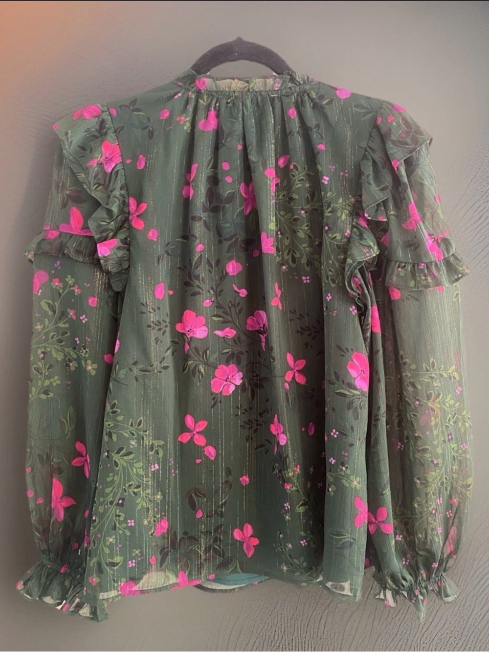 Sugarlips Green Floral Ruffle-Trim Blouse with Hot Pink Flowers - Picture 3 of 5